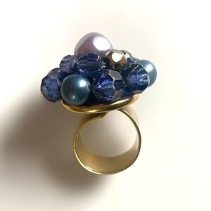 Blue and Gold Beaded Statement Ring